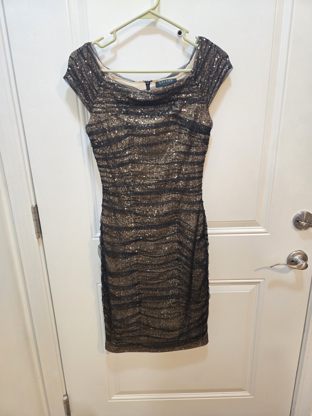 Lauren Ralph Lauren Black and Gold Sequin Midi Sheath Dress